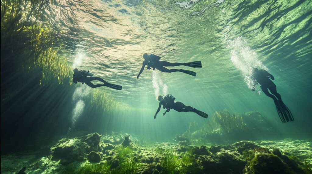 an image of ancient divers practicing apnea diving in shallow waters, highlighting the natural, equipment-free exploration.