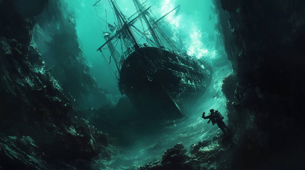  an image of a diver exploring a shipwreck or diving in a dark underwater cave, showing the thrill and mystery of specialized diving.