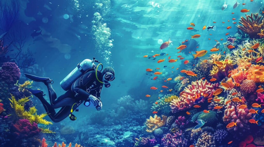 an image of a modern-day diver using a dive computer, exploring a vibrant coral reef or shipwreck.