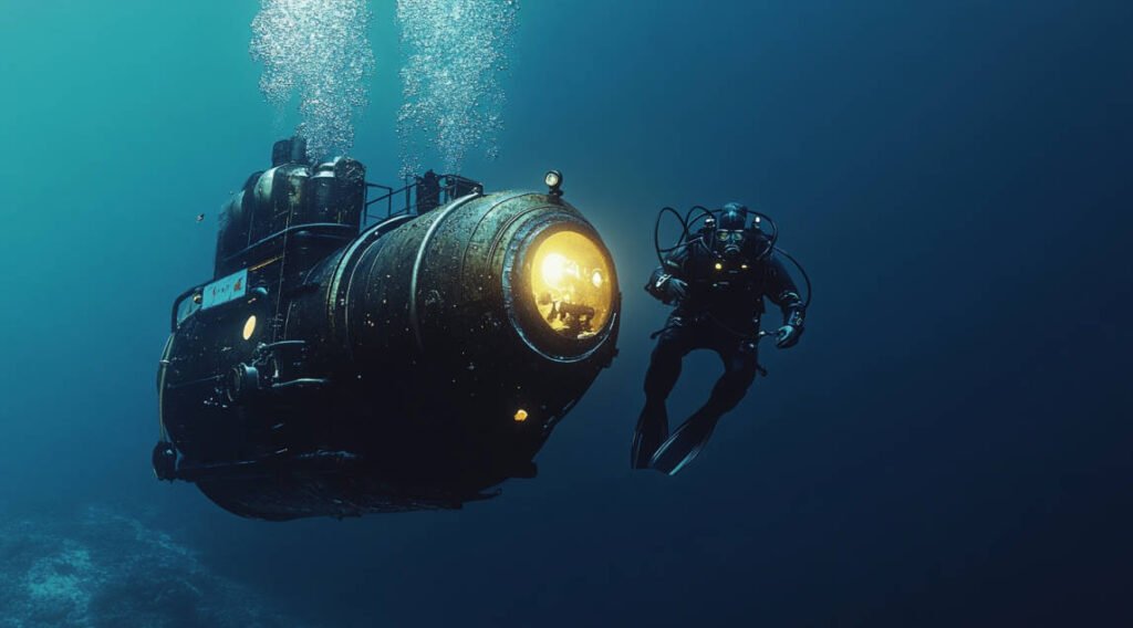  an image of an early diving bell and a diver using the first open-circuit scuba gear, showcasing the transition from basic to more advanced underwater technologies.