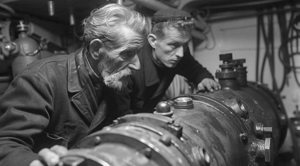 an image of Jacques Cousteau and Émile Gagnan in the 1940s, working on the development of the first open-circuit scuba system.