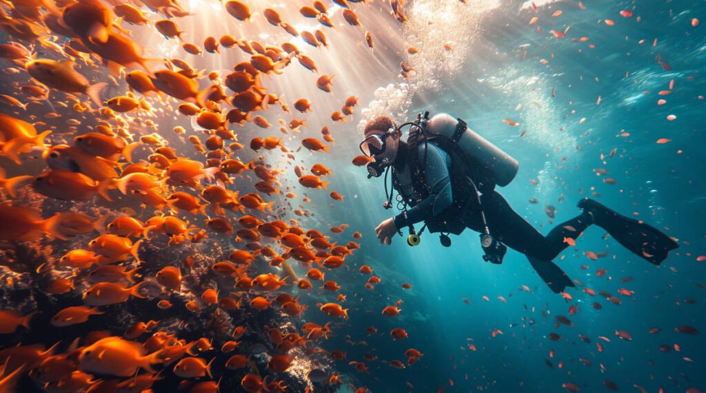 an image of a diver in a modern wetsuit with an underwater camera, capturing marine life.