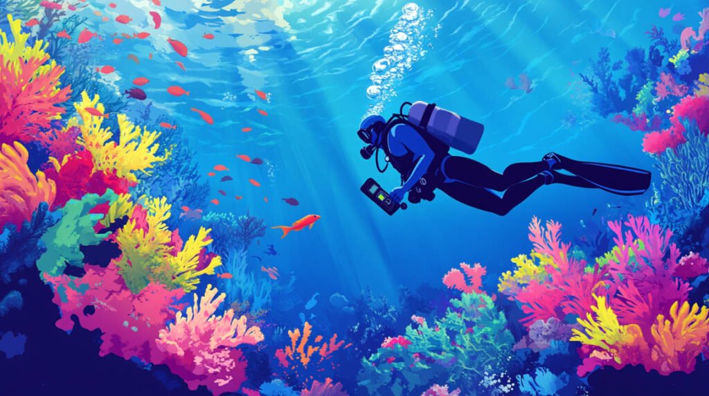 an image of a modern scuba diver using a dive computer, with a clear view of the underwater environment and coral reefs.