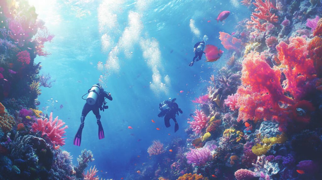 an image of recreational divers swimming alongside vibrant coral reefs, with an emphasis on marine conservation.