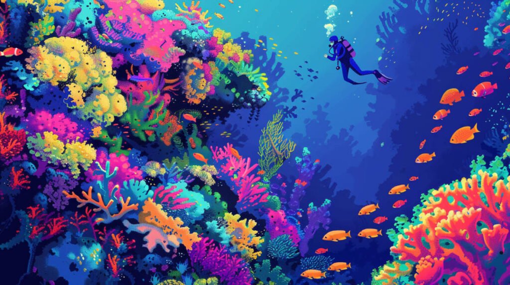 an image of a recreational diver exploring a vibrant coral reef, interacting with colorful fish and marine life.