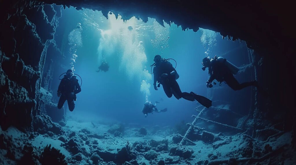 an image of cave divers maneuvering through an underwater cave or a diver exploring a historic shipwreck.