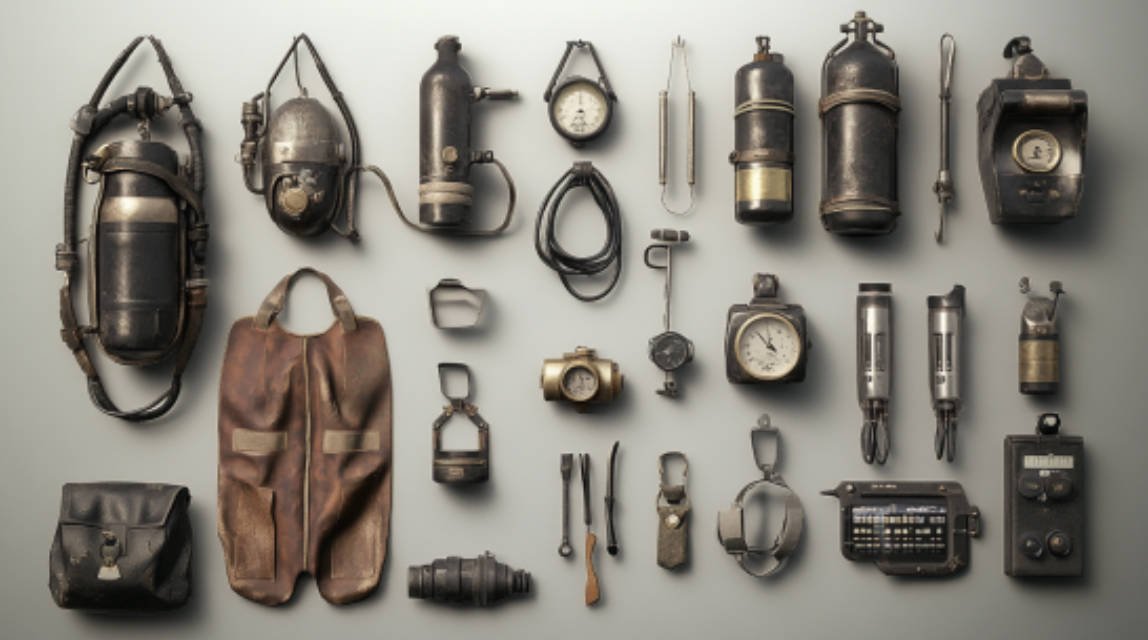 an image showcasing a timeline of scuba diving equipment evolution, from ancient breath-holding techniques to early diving bells, followed by early scuba gear and modern diving equipment like dive computers and rebreathers