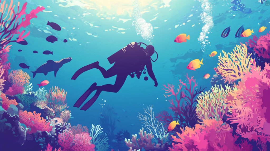  an image of a diver surrounded by colorful coral reefs with diverse marine life like fish, turtles, and rays to capture the beauty of coral reef diving.