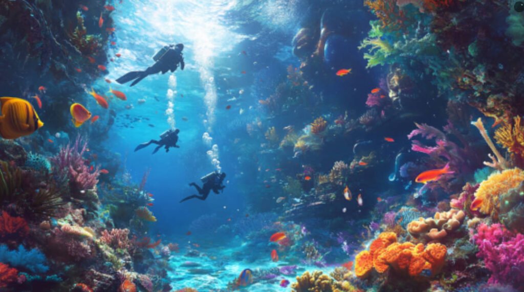 an image of divers exploring the Mesoamerican Reef with clear blue waters, colorful corals, and schools of fish.