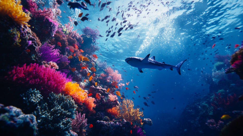 an image of a diver exploring the vibrant coral gardens of Saya de Malha with schools of fish and a whale shark in the background.