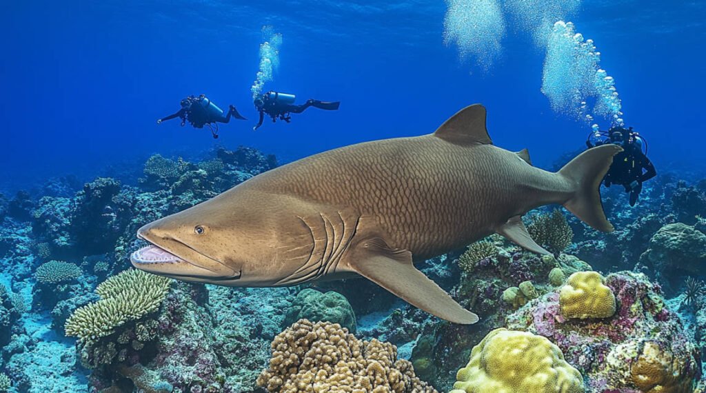 an image of divers exploring the Red Sea’s vibrant coral reefs with Napoleon wrasse and reef sharks.