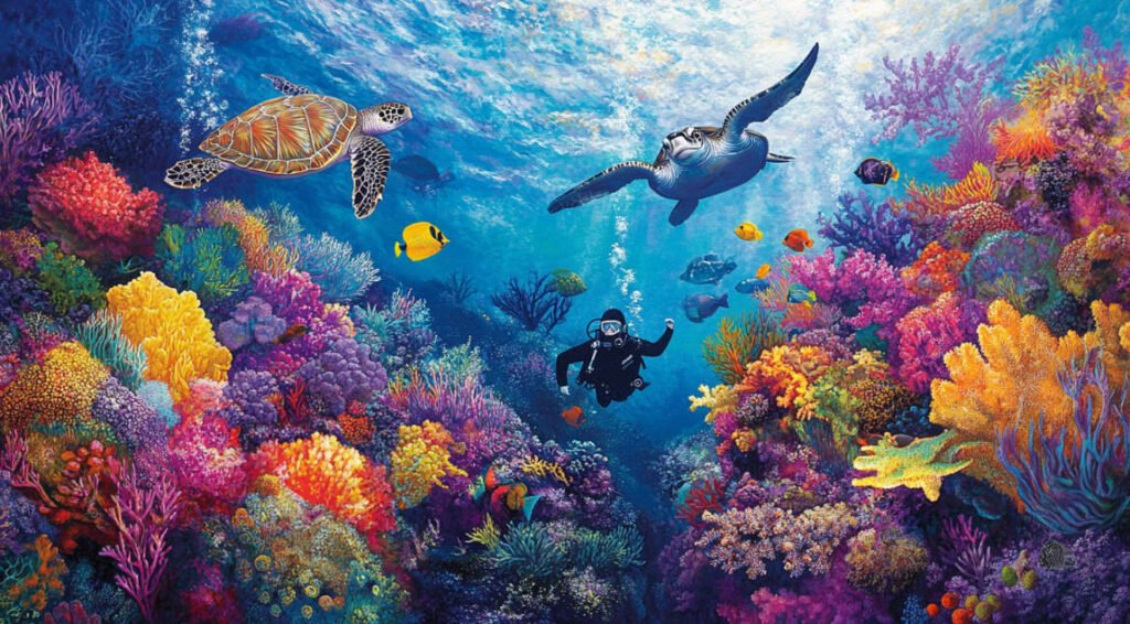 an image of divers exploring the Great Barrier Reef with vibrant corals, sea turtles, and manta rays.