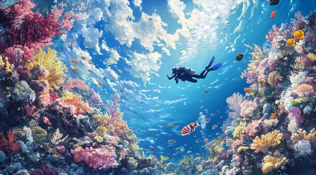 an image of a diver swimming through the pristine coral reefs of Alor, surrounded by diverse fish species.