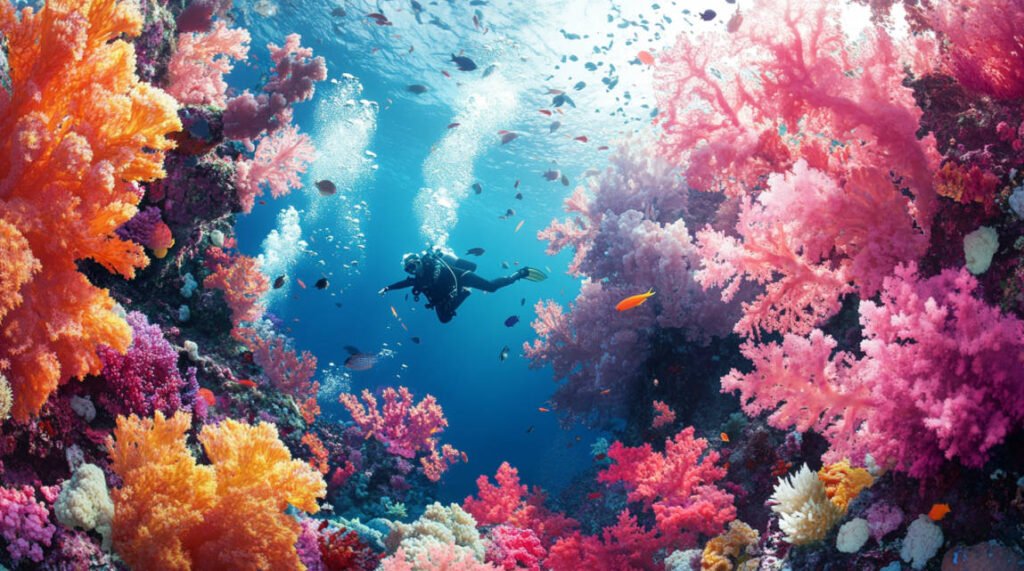 an image of a diver exploring the soft coral gardens of Somosomo Strait, surrounded by schools of fish and sharks.