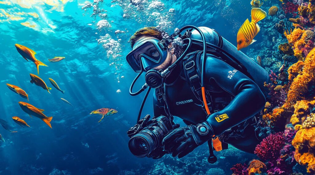 an image of a diver gearing up with dive equipment, such as a wetsuit, mask, fins, and an underwater camera.