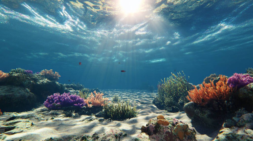 an image of calm, clear waters with sunlight streaming down over a coral reef, illustrating ideal diving conditions.