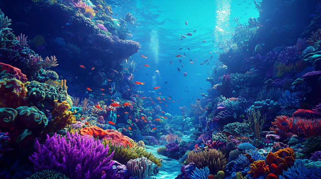 an image of divers swimming through the vibrant coral gardens of the Mesoamerican Reef, with schools of fish and a vibrant reef backdrop.