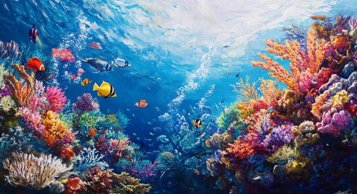 A vibrant coral reef with diverse marine life, including colorful fish and corals, under clear blue water, symbolizing the beauty and importance of coral reef protection.