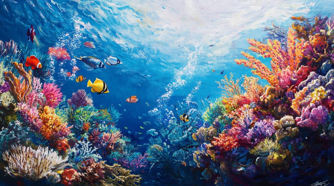 A vibrant coral reef with diverse marine life, including colorful fish and corals, under clear blue water, symbolizing the beauty and importance of coral reef protection.