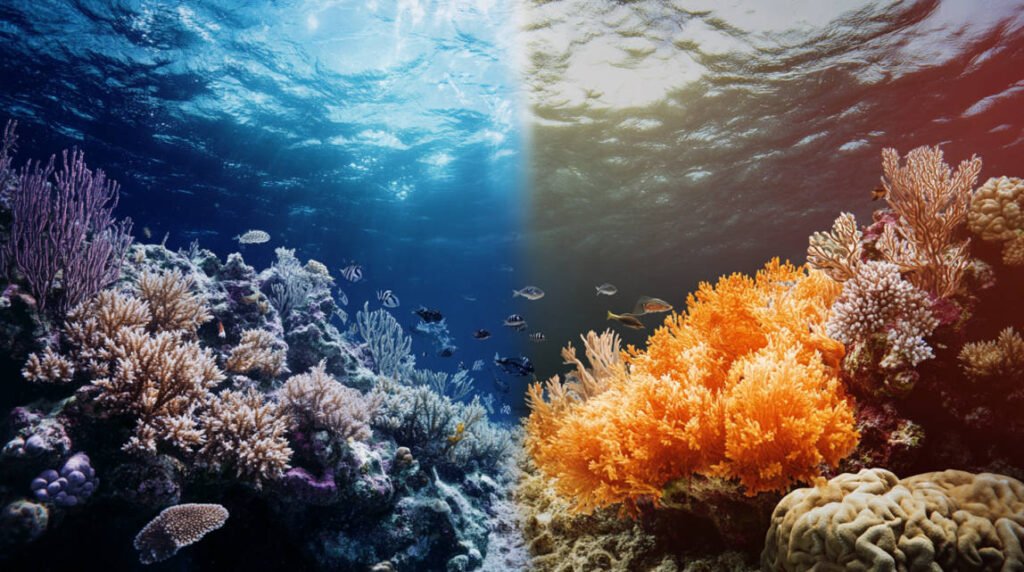 A stark comparison of a healthy reef vs a bleached or damaged reef, highlighting the effects of climate change