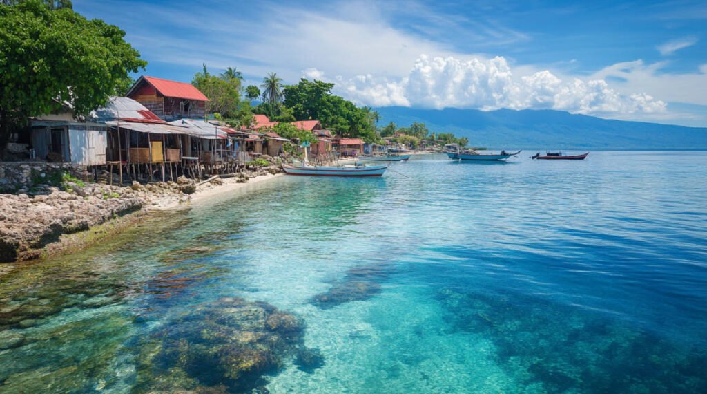 A coastal community protected by a healthy coral reef, showing calm waters and minimal erosion.