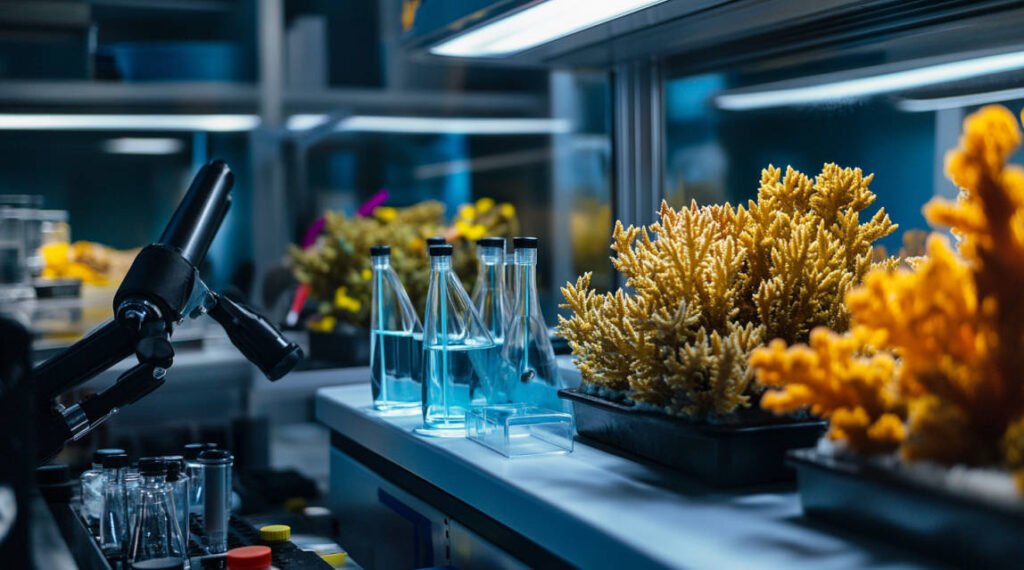 A lab setting showing scientists researching coral genetics or genetic coral breeding techniques.