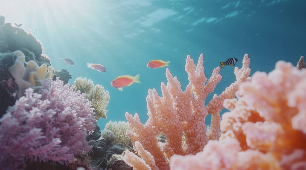 A thriving coral reef ecosystem with a variety of fish and marine life, showcasing the biodiversity protected by healthy reefs.