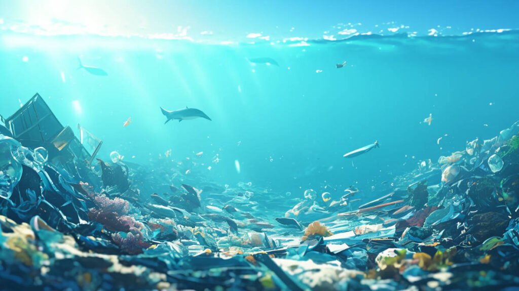 A polluted coral reef with floating plastic waste and murky water, showing the effects of human activity.