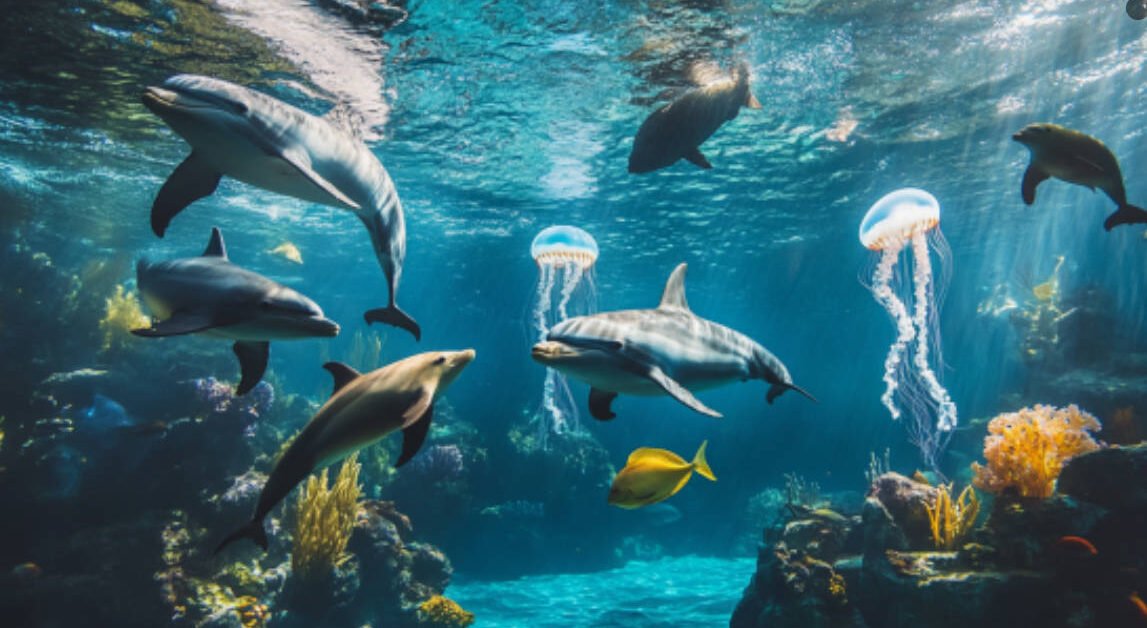 An underwater scene with various marine life forms such as dolphins, sharks, jellyfish, and sea lions swimming in harmony, highlighting ocean biodiversity.