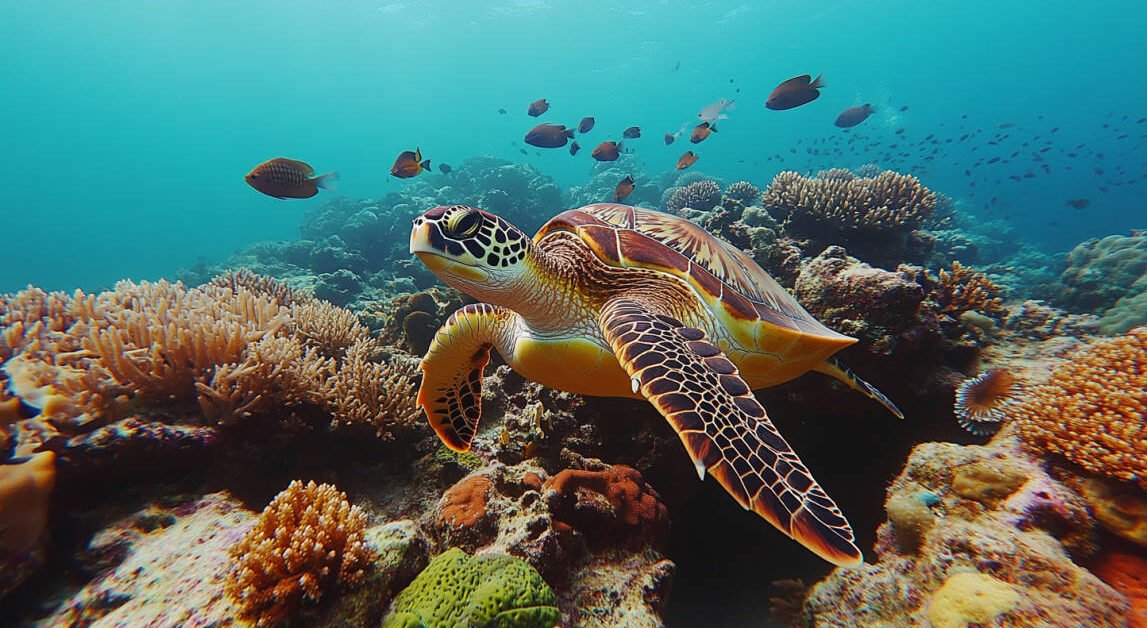 Generate an image of a breathtaking underwater scene with a mix of colorful corals, sea turtles, and schooling fish to highlight the diversity found in the Philippines’ top dive sites.