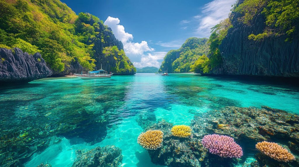  an image of a scenic underwater landscape with colorful coral reefs and a variety of tropical fish, set in clear blue waters typical of the Philippines.