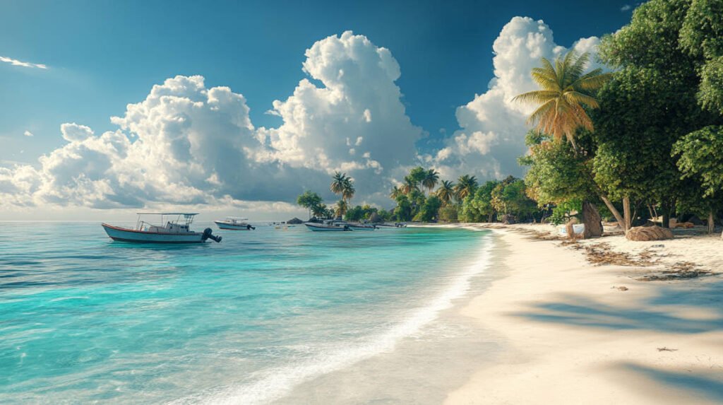 an image showing the scenic beachfront of Malapascua Island, with dive boats anchored near the shore and a backdrop of lush tropical trees.