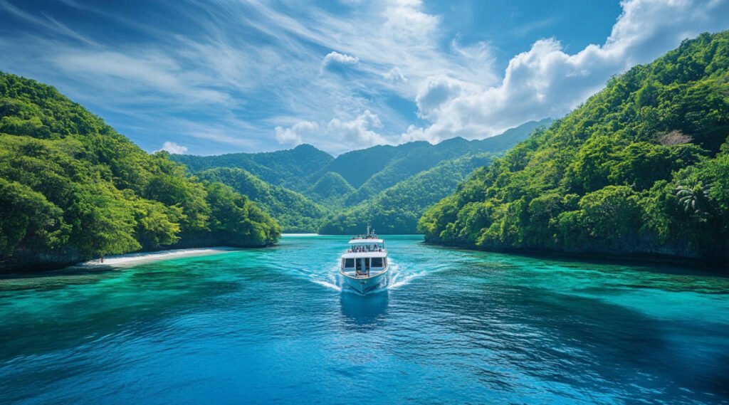 Generate an image of a ferry approaching the tropical shores of Puerto Galera, with clear blue waters and a background of lush green hills.