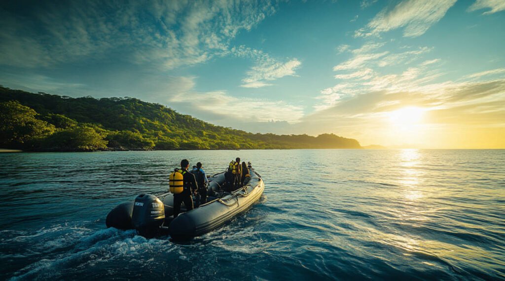  an image showing divers on a boat in Ticao Pass, preparing for a dive, with the sea and a hint of land in the background.