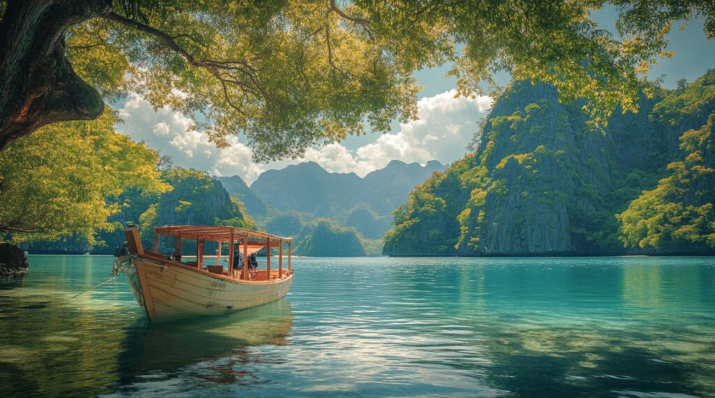 an image of a small dive boat anchored in the waters of Coron Bay, with a backdrop of lush, green islands.