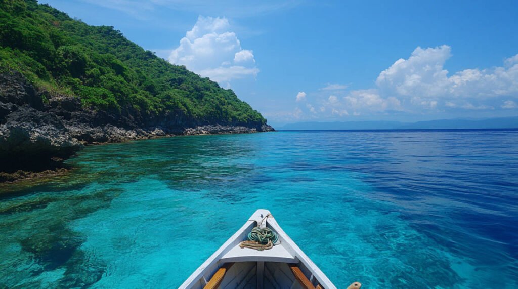 an image showing a boat approaching the shores of Apo Island, with a view of the clear blue water and the island’s lush green landscape.