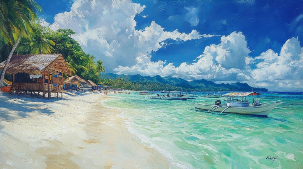 an image showing Boracay’s White Beach with dive boats anchored near the shore, emphasizing its dual nature as a vibrant beach and dive destination.