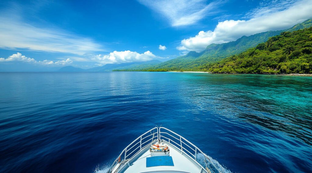 an image of a dive boat approaching Balicasag Island, with clear blue water and the lush greenery of the island visible in the background.