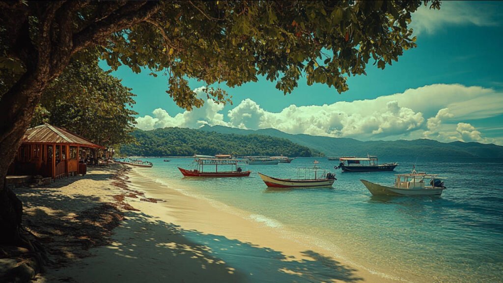 an image of a beach and dive resort in Anilao with a view of dive boats anchored offshore, ready to take divers to nearby dive spots.