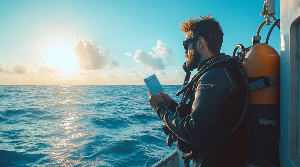 an image of a diver holding a certification card while standing on the deck of a dive boat with the ocean in the background.