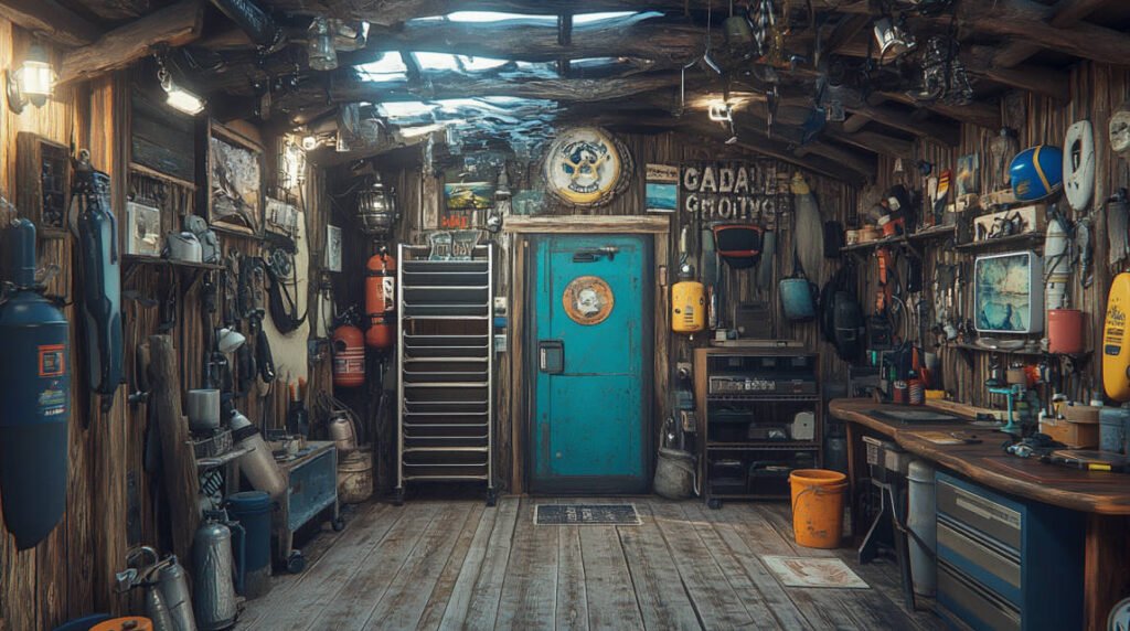 an image showcasing a dive lodge interior with cozy, diver-friendly amenities such as equipment racks and marine decor.