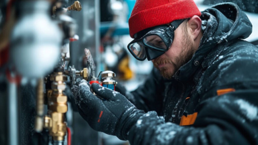 an image showing a professional technician servicing an ice diving regulator, with visible tools and replacement parts.