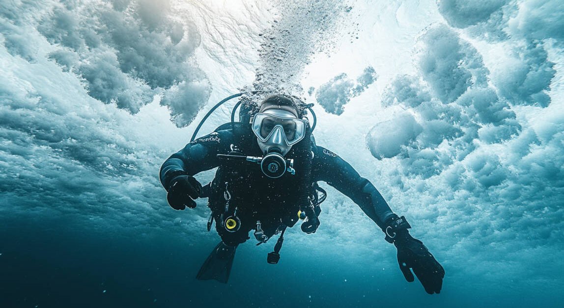 an image of a diver under a frozen lake practicing advanced buoyancy control, with clear ice formations above and a safety line connected to the surface.