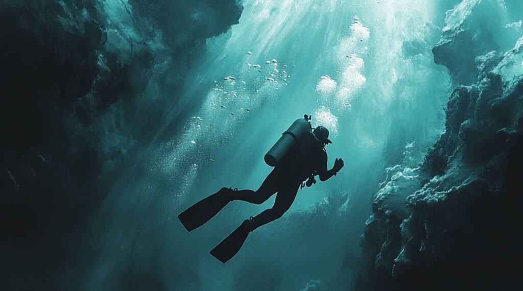 an image of a diver underwater, swimming beneath a thick ice sheet with beams of light filtering through cracks in the ice.