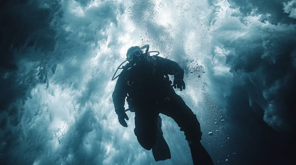 an image showing a diver submerged under an ice sheet with visible frost on the surface above, highlighting the challenges and beauty of ice diving.