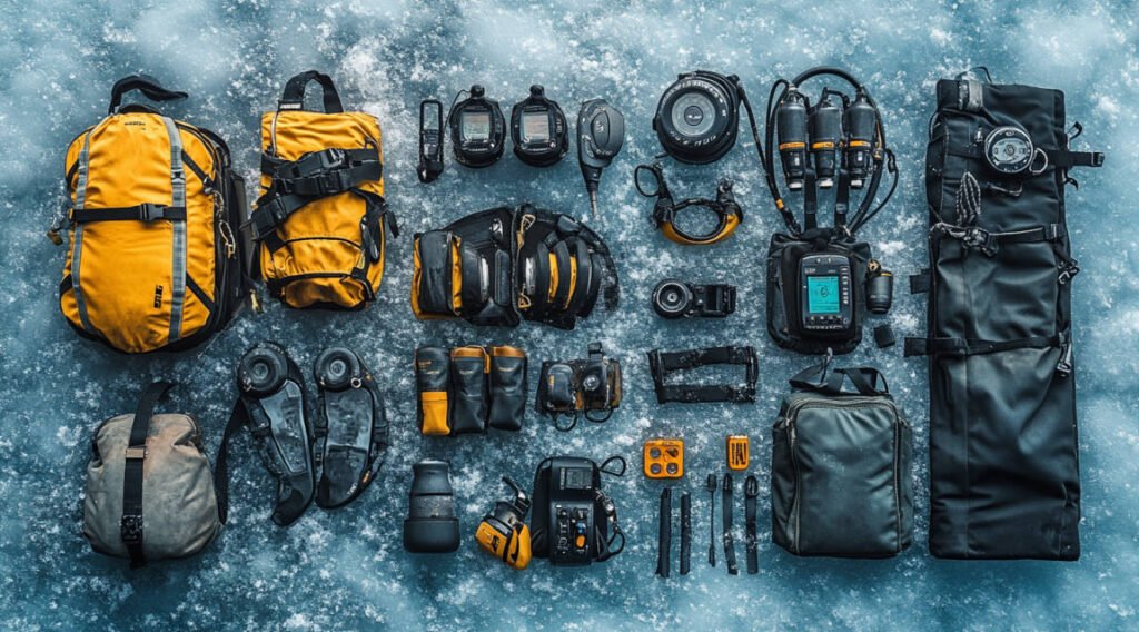 an image showing a complete set of standard ice diving gear laid out on a frozen surface, emphasizing cold-water regulators and dive computers.