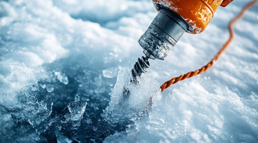 an image showing an ice auger in action, drilling into a thick sheet of ice, with a safety rope coiled neatly on the ice surface.