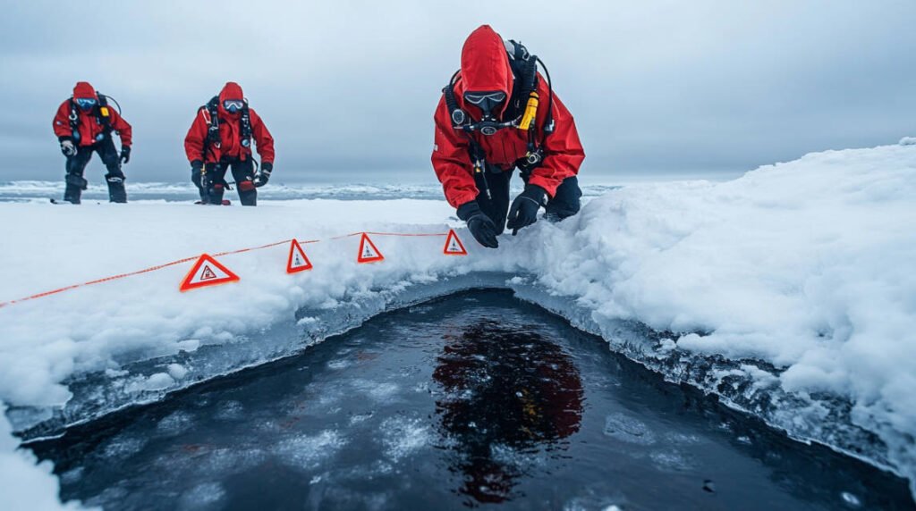 an image showing a team of divers cutting a triangular entry hole into the ice with safety markers set up around the perimeter.