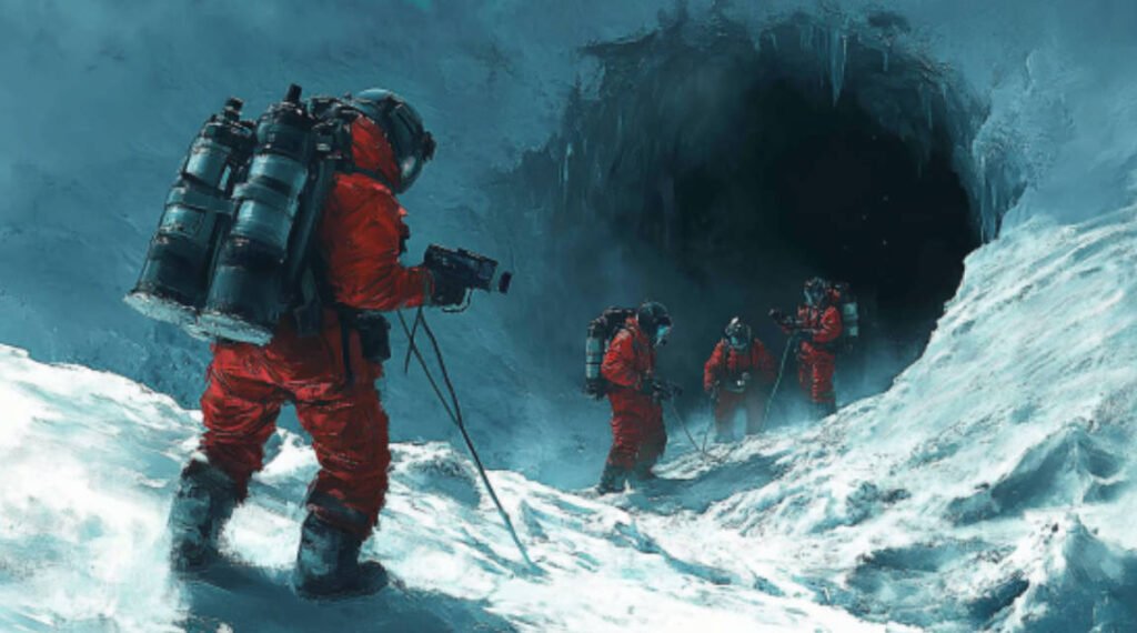 an image showing a surface safety team near an ice hole, equipped with spare tanks, ropes, and communication devices.