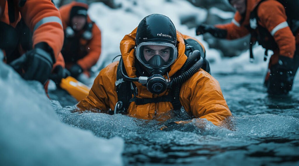 an image of a diver emerging from an ice hole, with a support team wrapping them in warm blankets and assessing for hypothermia.